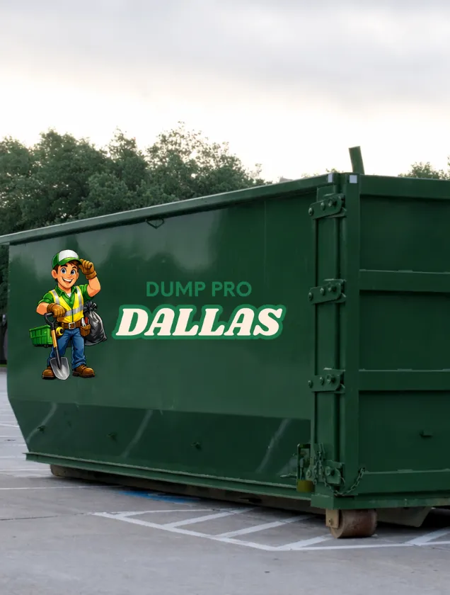 Dump Pro Dallas delivering and placing a green roll-off dumpster at a job site