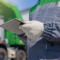 Dump Pro Dallas team member managing dumpster rental service logistics using a digital tablet